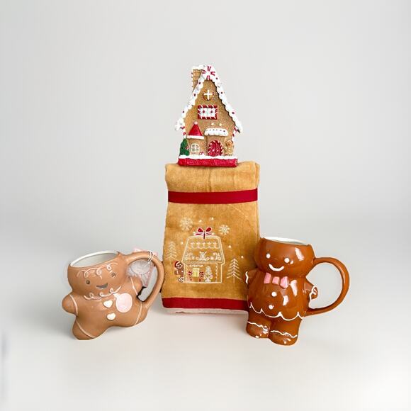 NWT Peppermint& Pine Gingerbread Man Cookie House XMAS Gift Set Hand Towels Mugs - Picture 3 of 16
